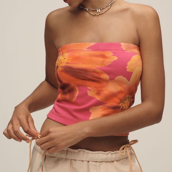 Anthropologie Tops - Anthropologie Pilcro Crop Top The Sunny Tube Pink Orange Floral SIZE XL NEW